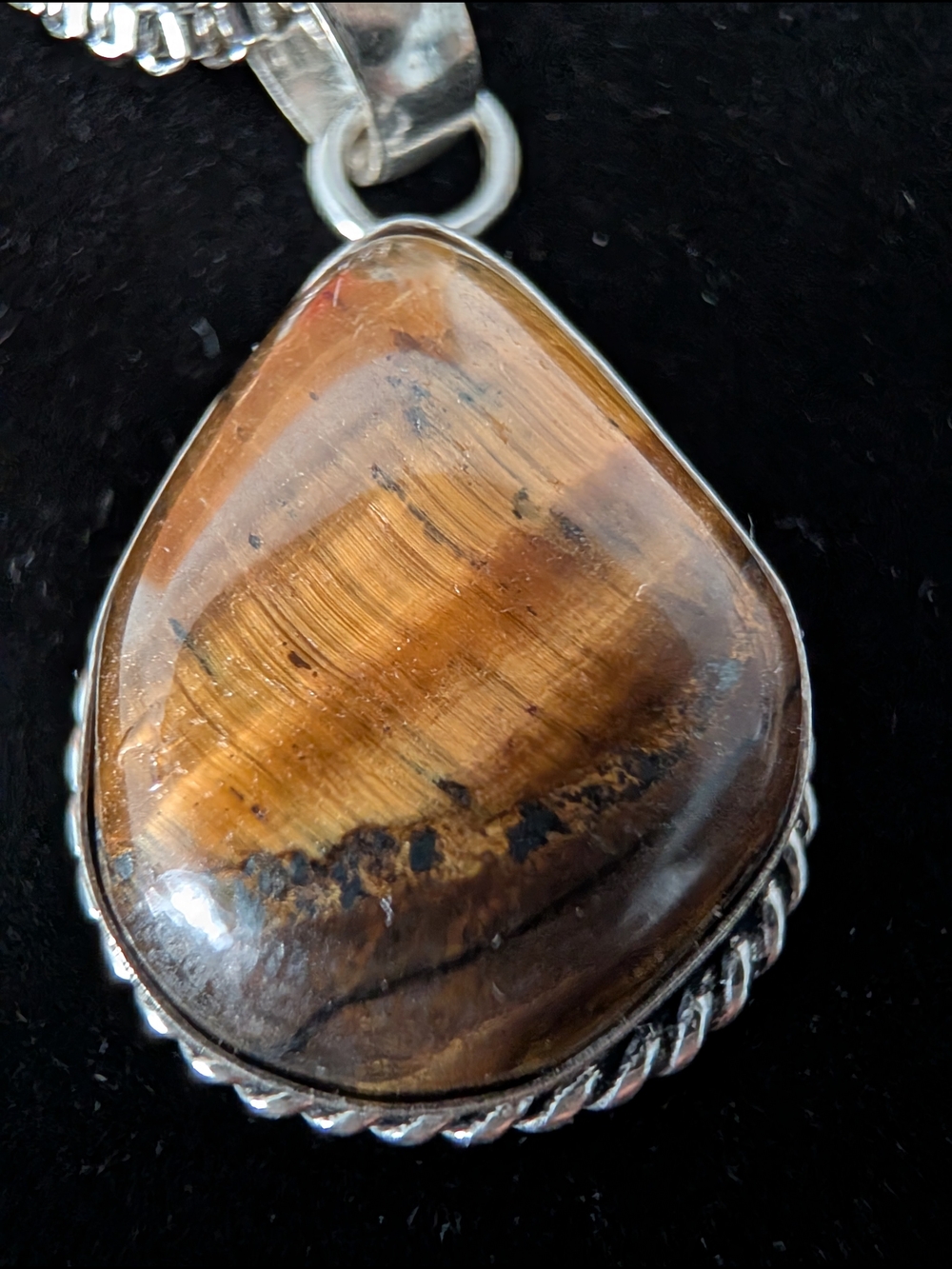 Silver Tiger's Eye Teardrop Pendant Necklace - Brown & Gold Flash